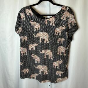 Chico’s Elephant Print Blouse Paisley Polka Dot Short Sleeve Medium 8/10 Quirky